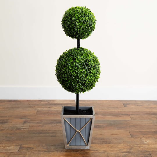 3ft. LED UV Resistant Double Ball Boxwood Topiary in Decorative Planter